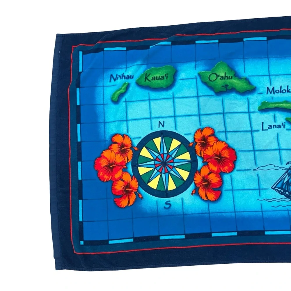 Hawaiian Islands Blue Beach Towels Pair Couples Vacation Map Bath